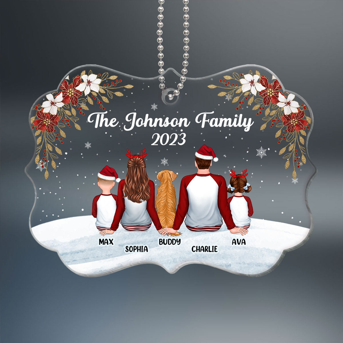 Family Pajamas Back View In Snow Poinsettia Personalized Acrylic Ornament