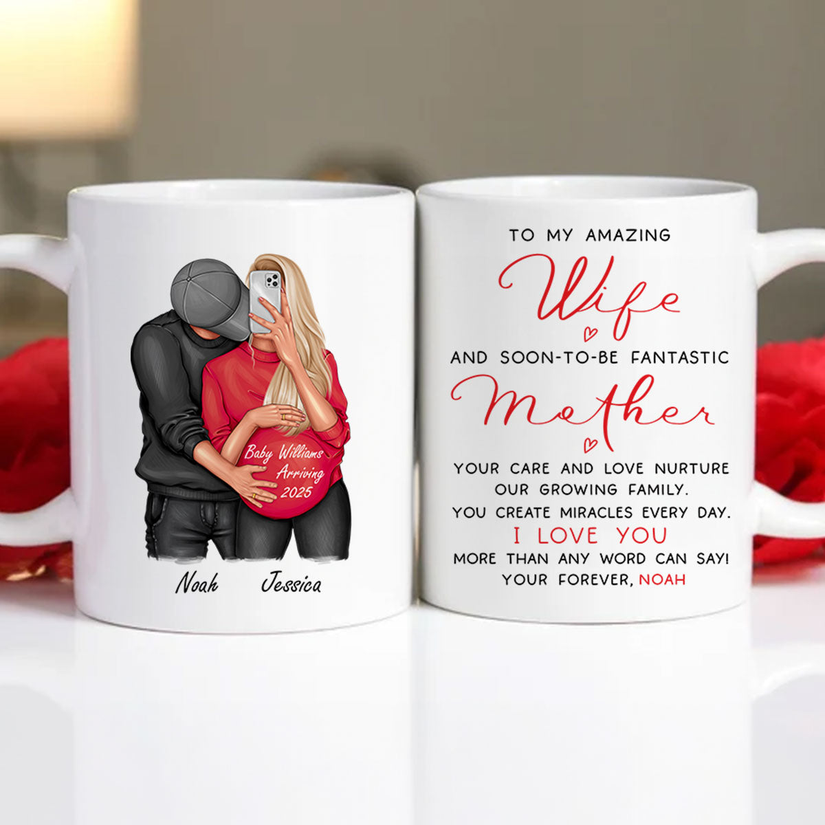 Personalized  Pregnant Wife Mug, Hugging Couple, Expecting From Husband Gift, Mom To Be Vday Gift, Romantic Pregnancy Gift