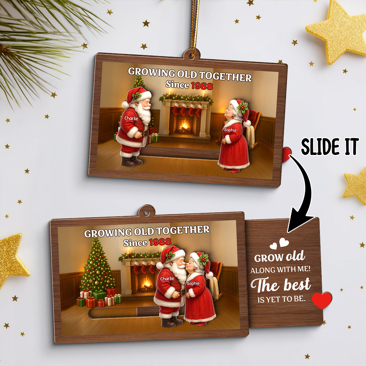 Santa Couple Growing Old Together Personalized Slide Ornament, Perfect Christmas Gift For Couples, For Her, For Him, For Wife, For Husband