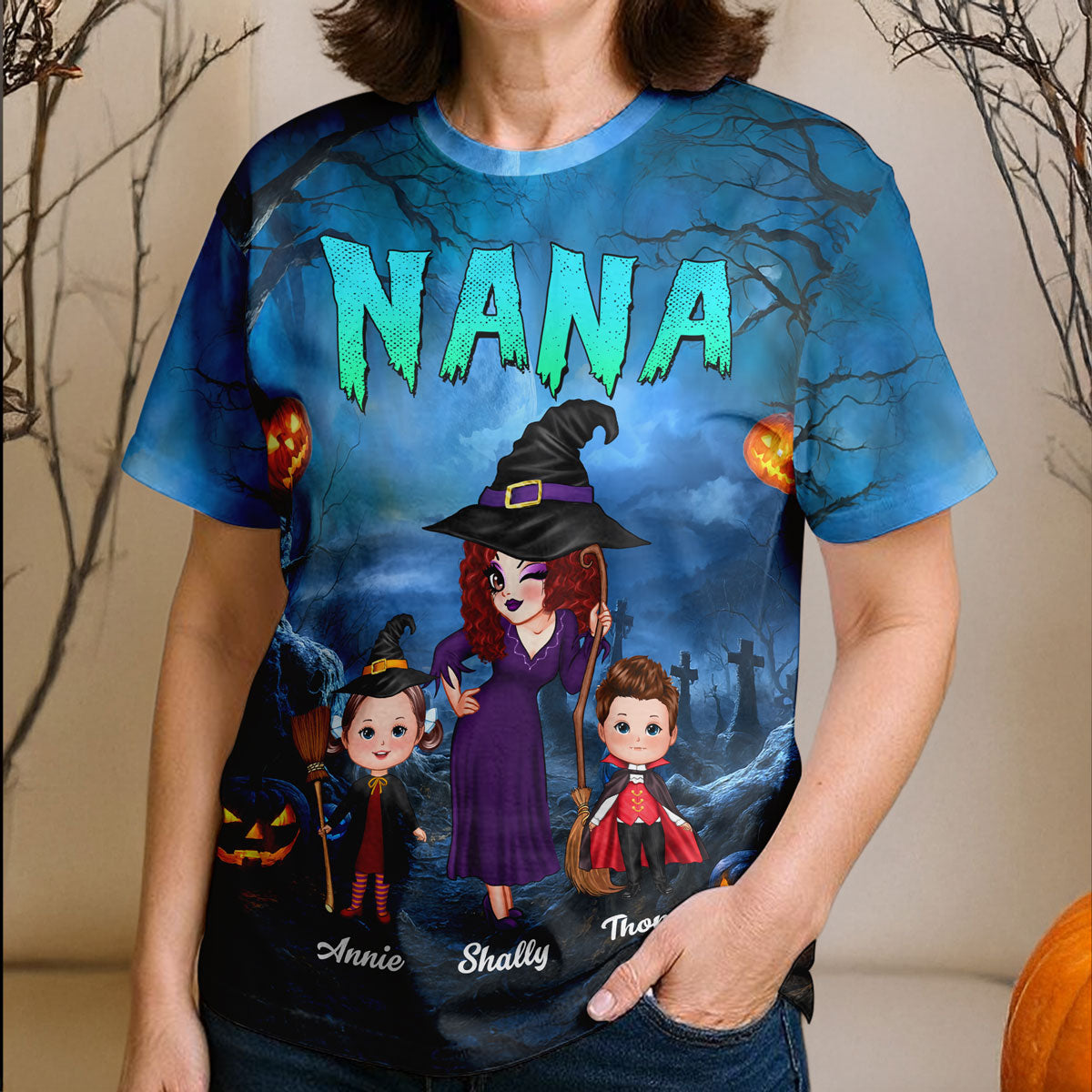 Pretty Grandma Witch & Kids In Halloween Night Personalized Shirt, Halloween Costume for Grandma