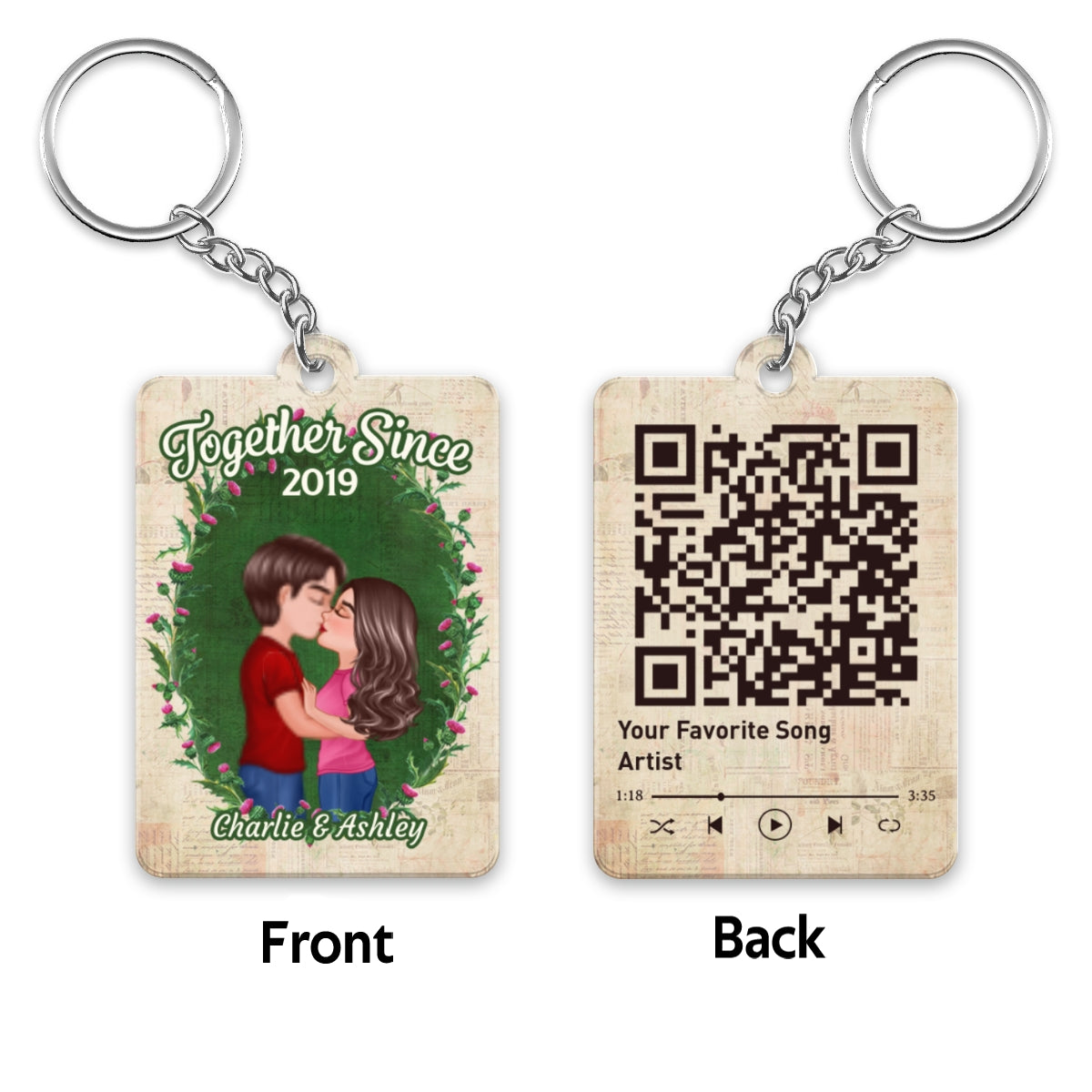Doll Couple Floral Frame Old Newspaper Favorite Song QR Code Personalized Acrylic Keychain