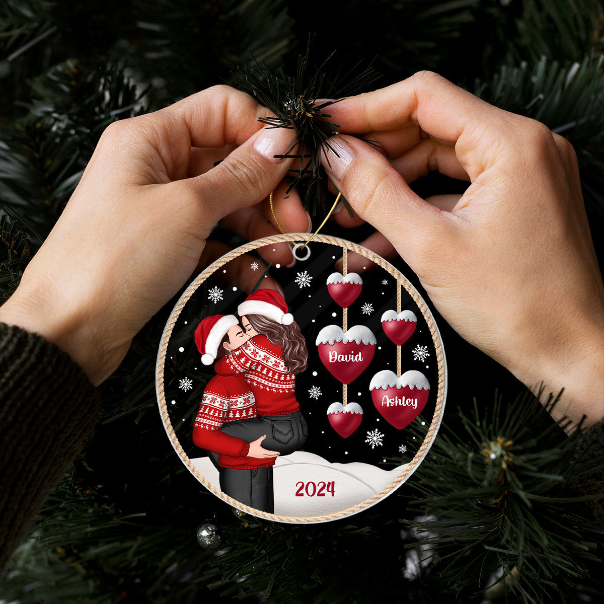 Couple Heartstring Hugging Kissing Personalized Acrylic Ornament, Christmas gift for him, for her