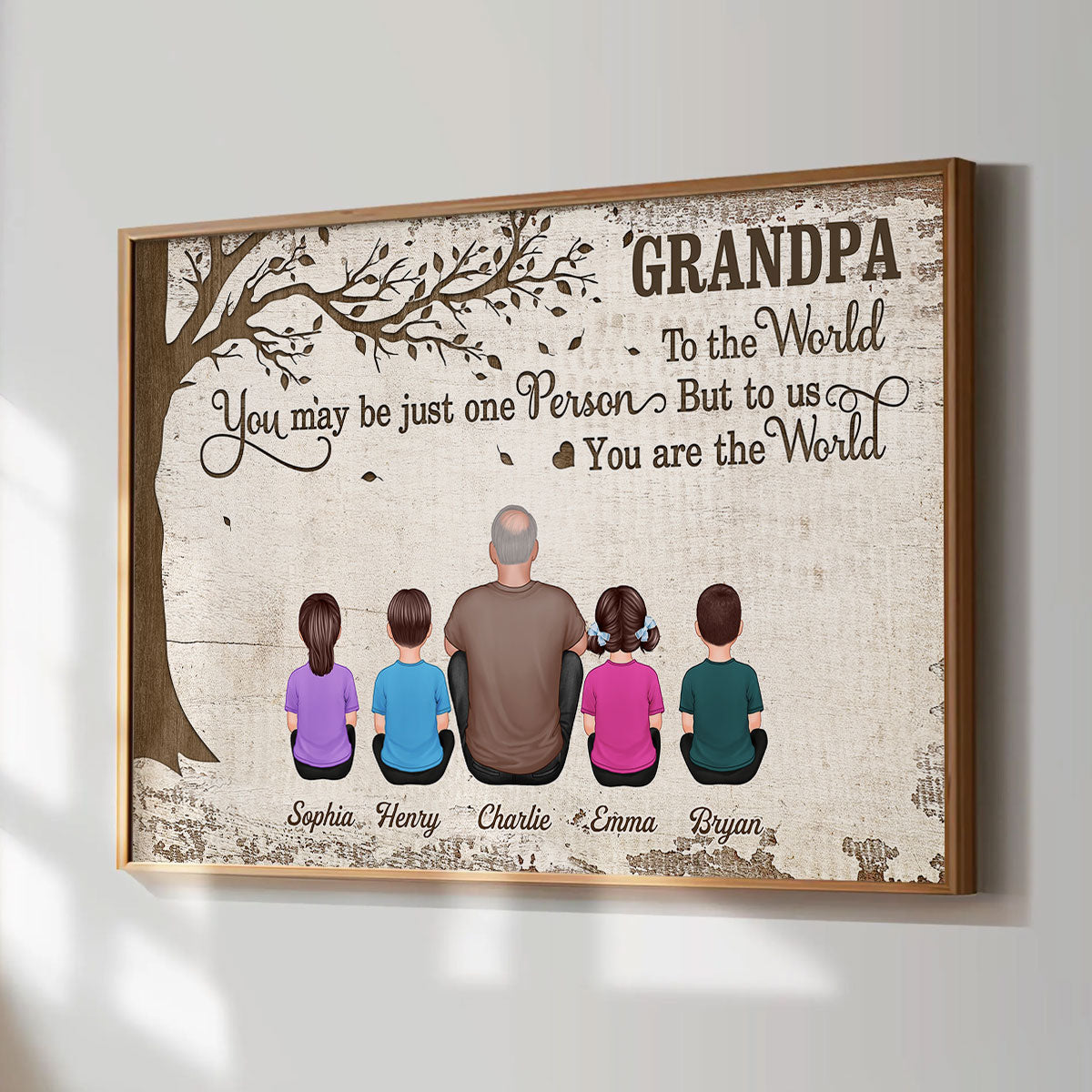 Grandpa And Kids Dogs Cats Sitting Under Tree Personalized Poster, Gift For Grandpa