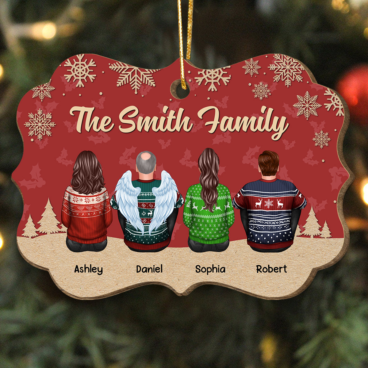 Christmas Red And Snow Family Members Grandma Grandpa Dad Mom Kids Dogs Cats Memorial Gift Personalized Wooden Ornament