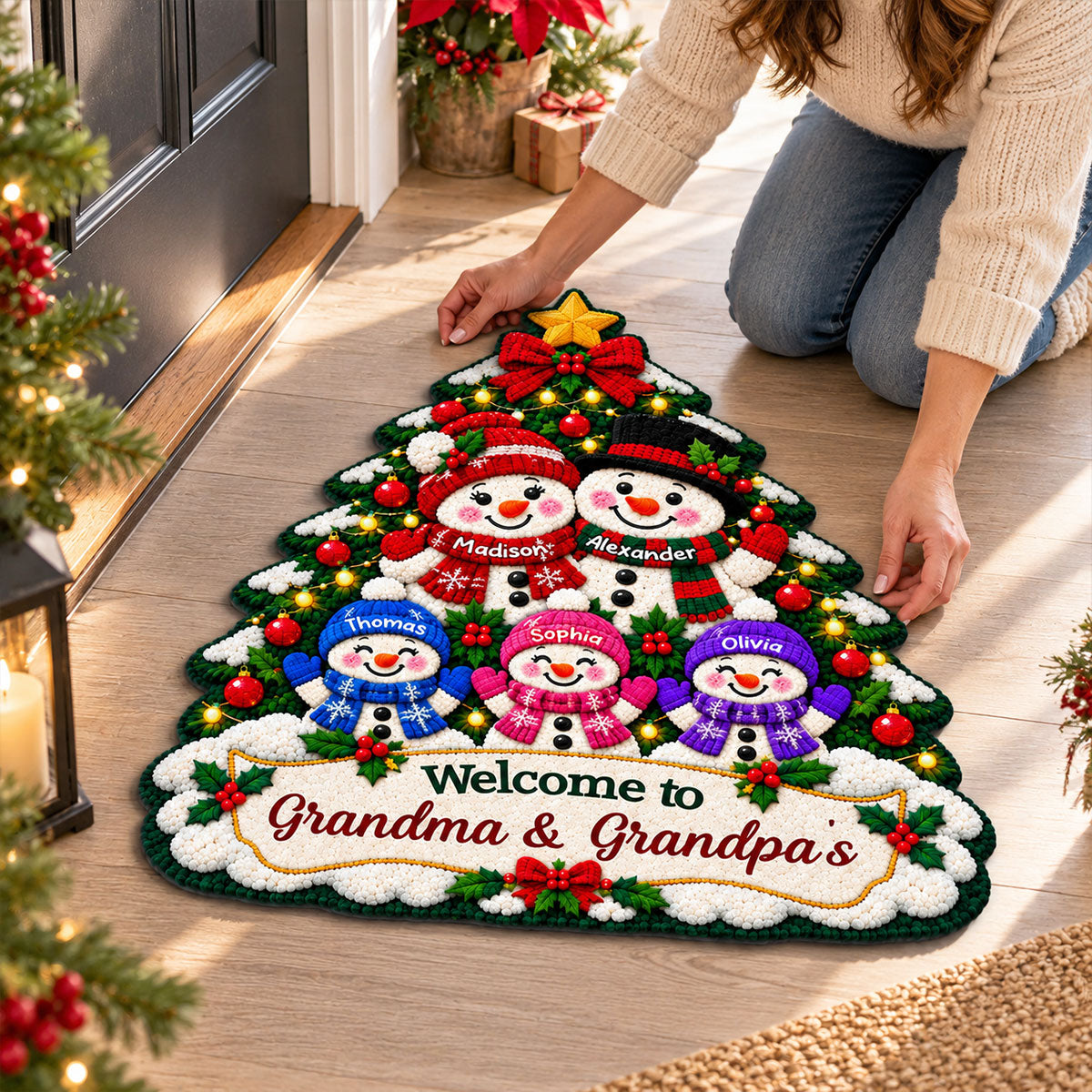 Snowman Grandparents & Grandkids Under Christmas Tree - Personalized Door Mat - Christmas Decor For Grandparents, Family