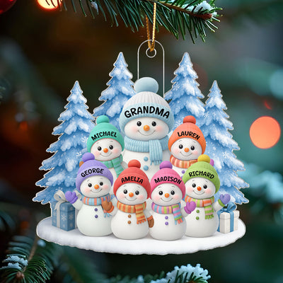 Snowman Grandma And Grandkids on Snow - Personalized Acrylic Ornament - Perfect Christmas Gift for Grandma