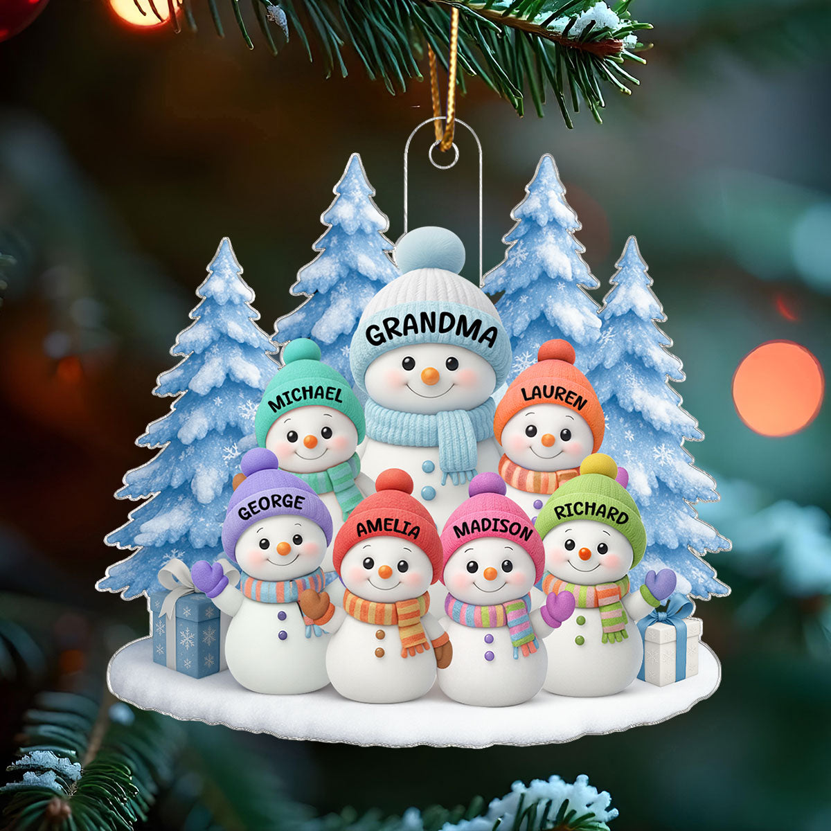 Snowman Grandma And Grandkids on Snow - Personalized Acrylic Ornament - Perfect Christmas Gift for Grandma