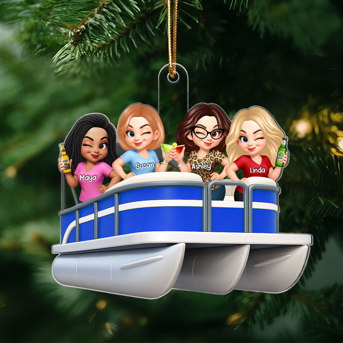 Besties On Pontoon Boat 3D Effect Personalized Acrylic Ornament Keepsake
