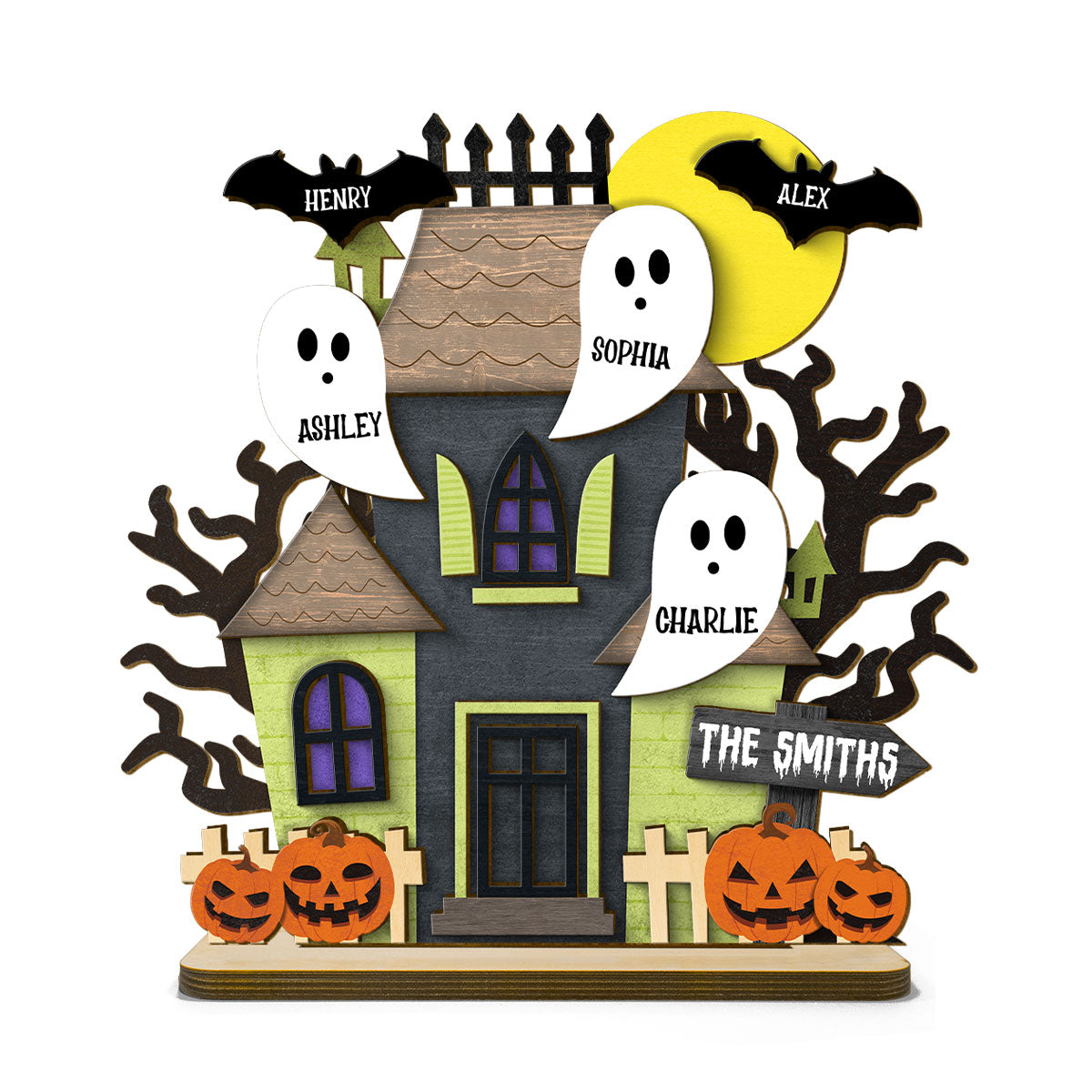 Grandma Family Haunted House Boo Flying Personalized Standing Wooden Plaque, Halloween Decor