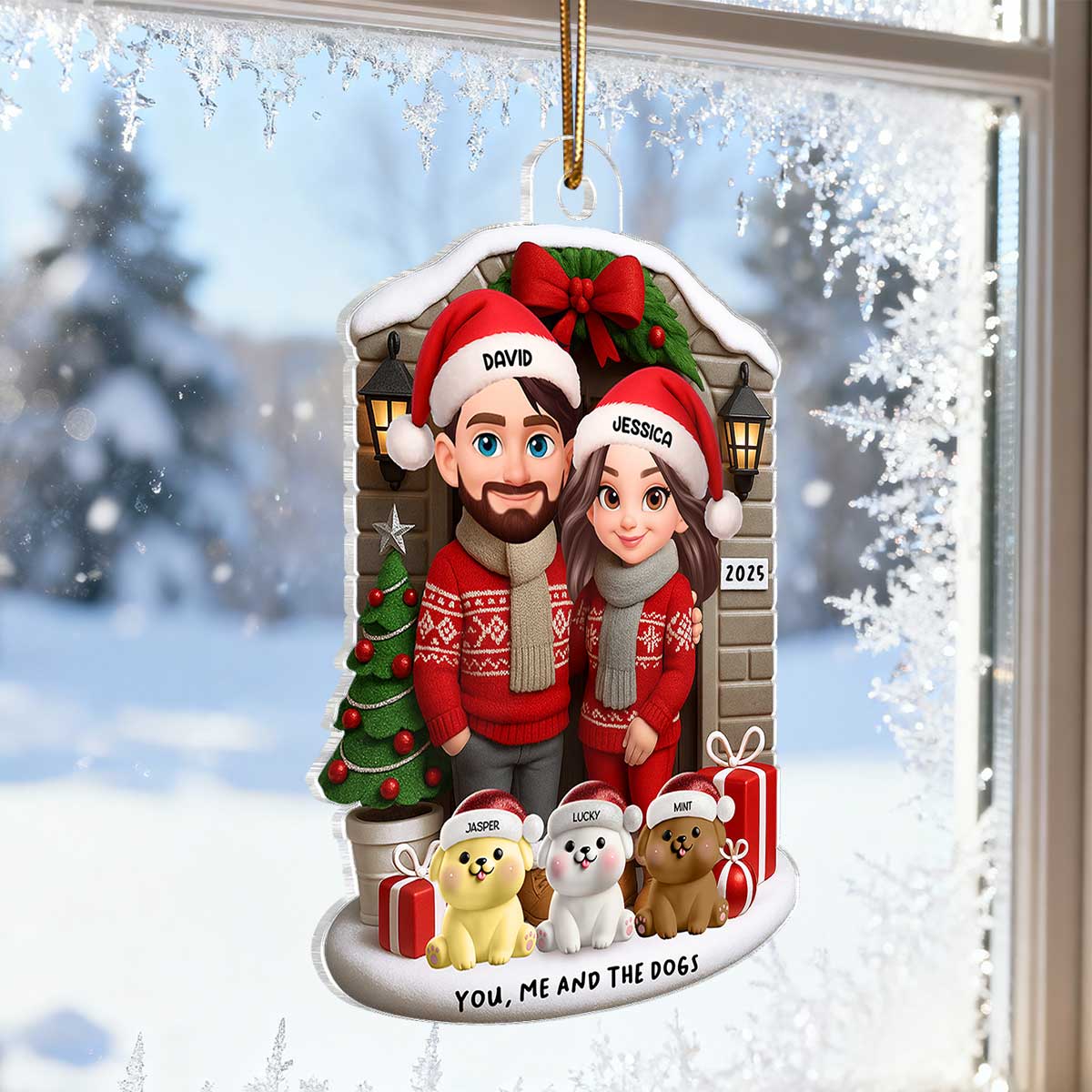 Joyful Couple And Dogs Cats Christmas - Personalized Acrylic Ornament