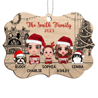 Christmas Sketch Background Family Dad Mom Kids Dogs Cats Personalized Wooden Ornament