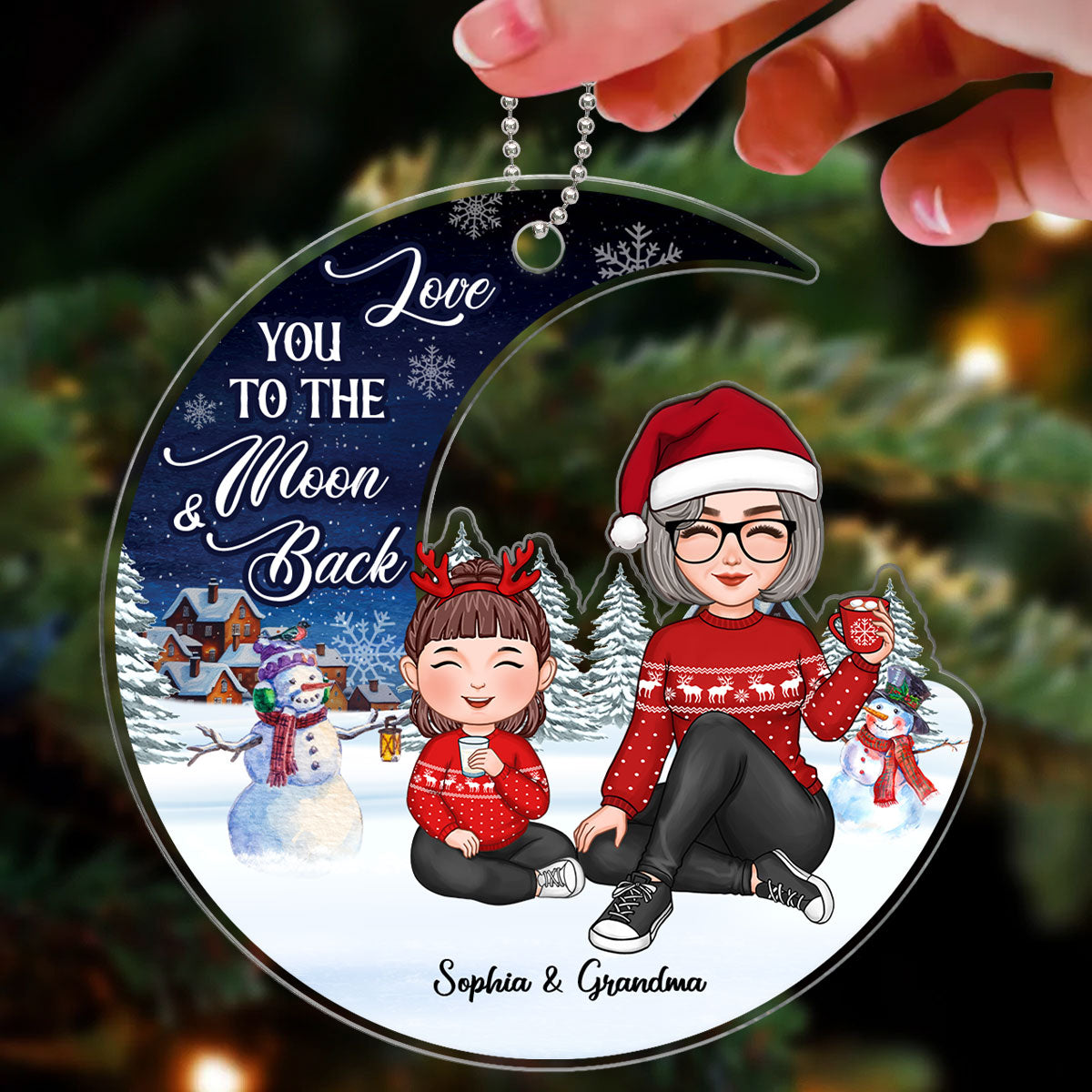 Love To The Moon Christmas Night Landscape Cute Grandma & Grandkid Personalized Acrylic Ornament