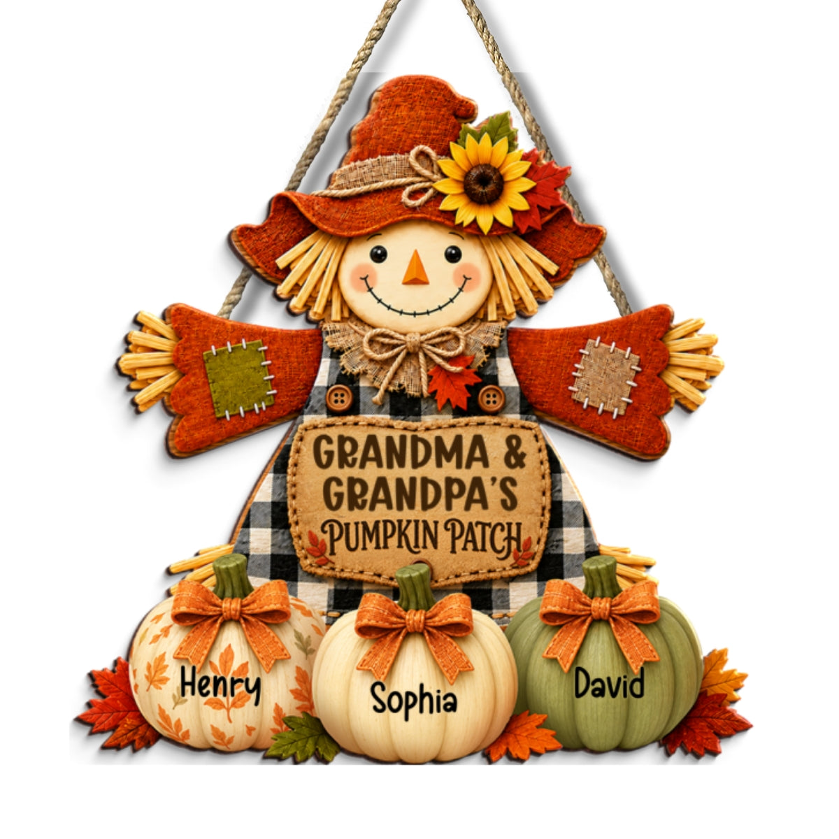 Grandma & Grandpa's Pumpkin Patch Scarecrow - Personalized Wooden Door Sign - Fall Front Porch Decor
