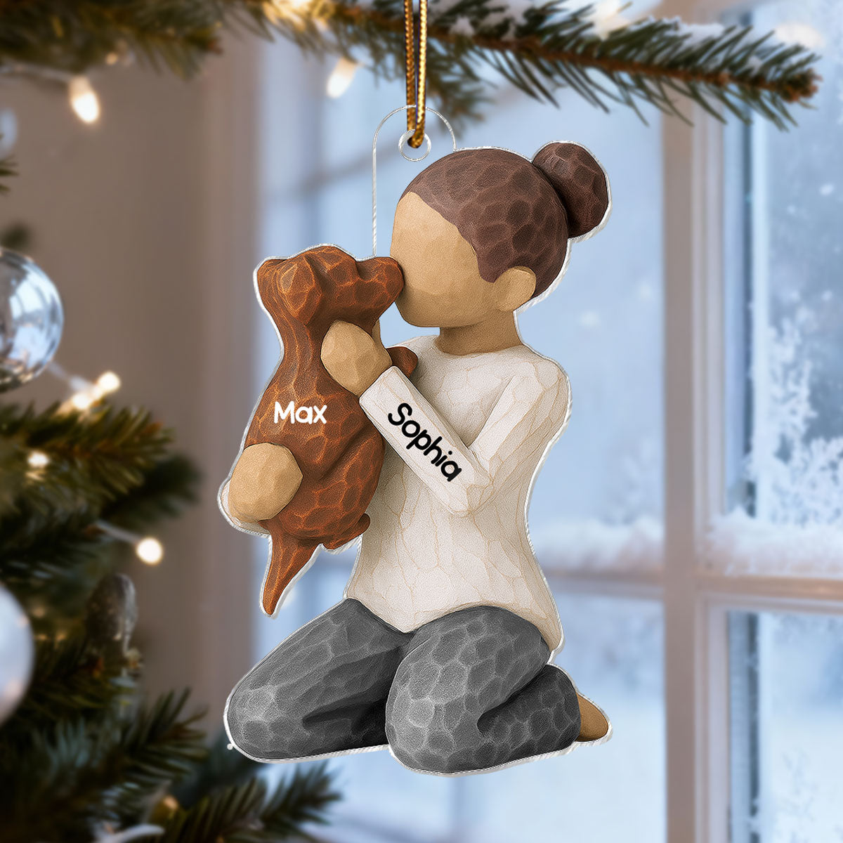 3D Effect Boy Girl Hugging Dog - Personalized Acrylic Ornament - Christmas Gift For Dog Lovers