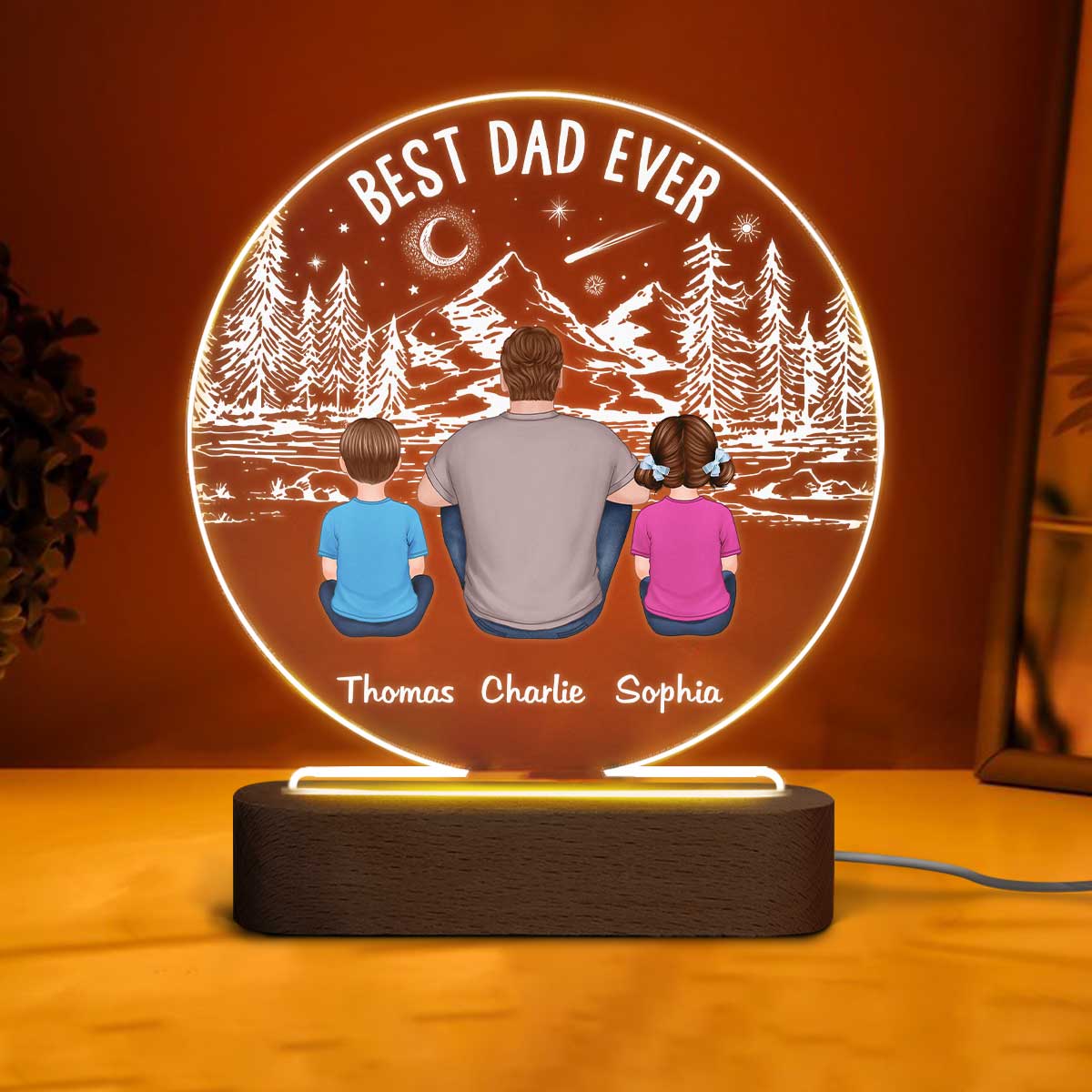 Best Dad Ever Mountain Forest Personalized Circle LED Night Light