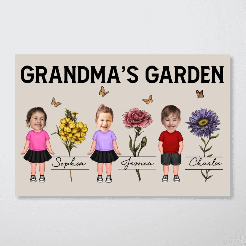 Custom Grandkids Photo Grandma‘s Garden Beautiful Vintage Birth Month Flower Personalized Horizontal Poster