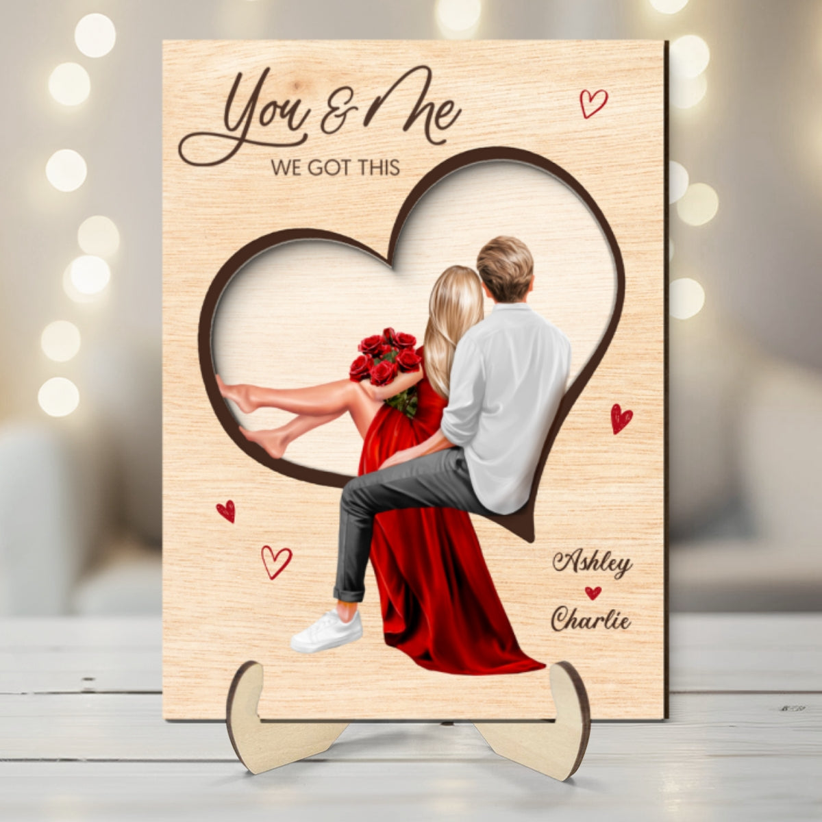 Couple Sitting On Heart Engraved Personalized 2-Layer Wooden Plaque,  gift, Anniversary Gift for Couples