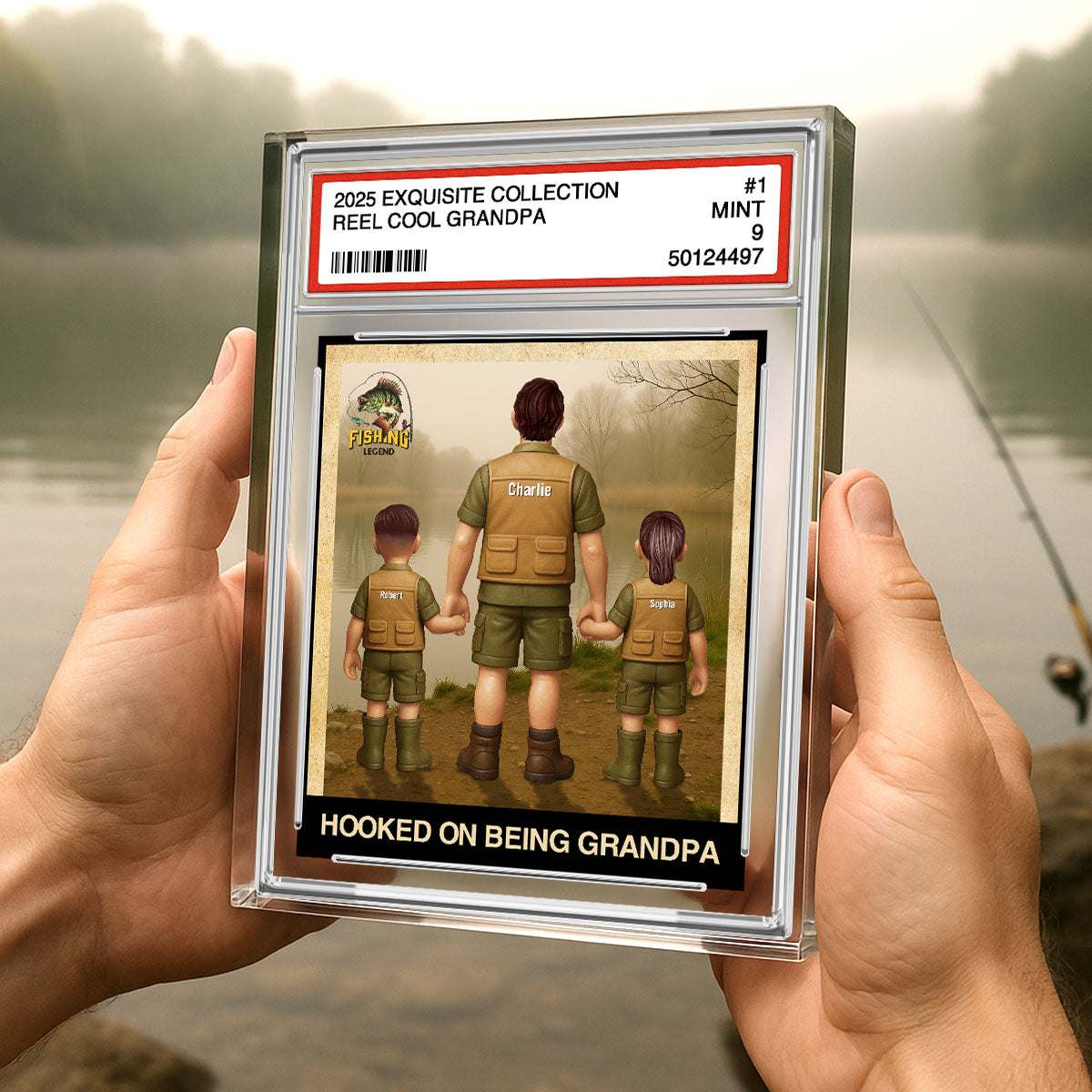 Fishing No. 1 Grandpa Dad Man & Kids Trading Card Style Personalized Acrylic Block Plaque