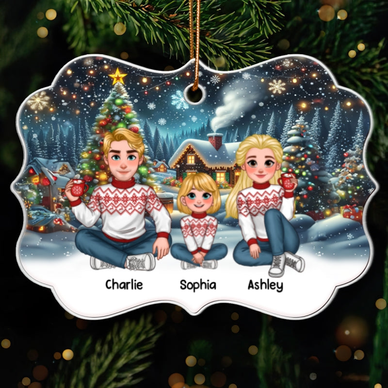 Cozy Christmas Animated Family Together Personalized Acrylic Ornament, Christmas Decoration, Christmas Gift For Family