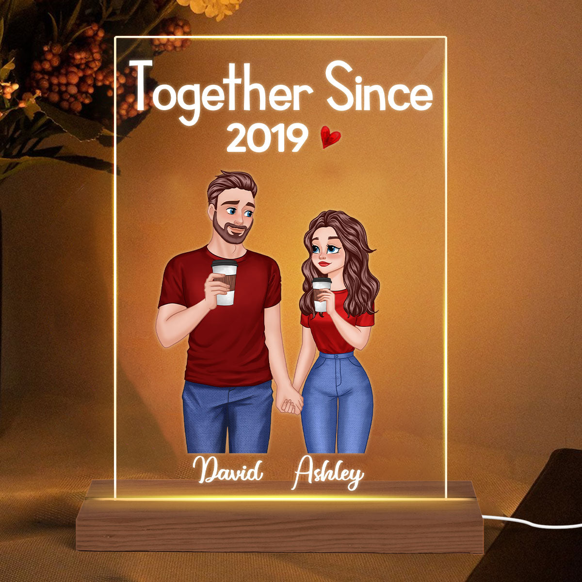 Cartoon Couple Hand In Hand Gift For Him Gift For Her Personalized Rectangle Acrylic Plaque With LED Night Light