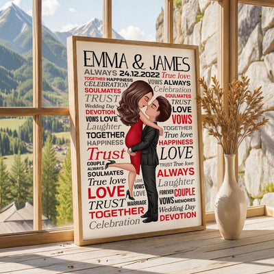 Typography Word Art Couple Hugging Kissing - Personalized Poster - Valentine's Day, Anniversary Gift For Her, Gift For Him