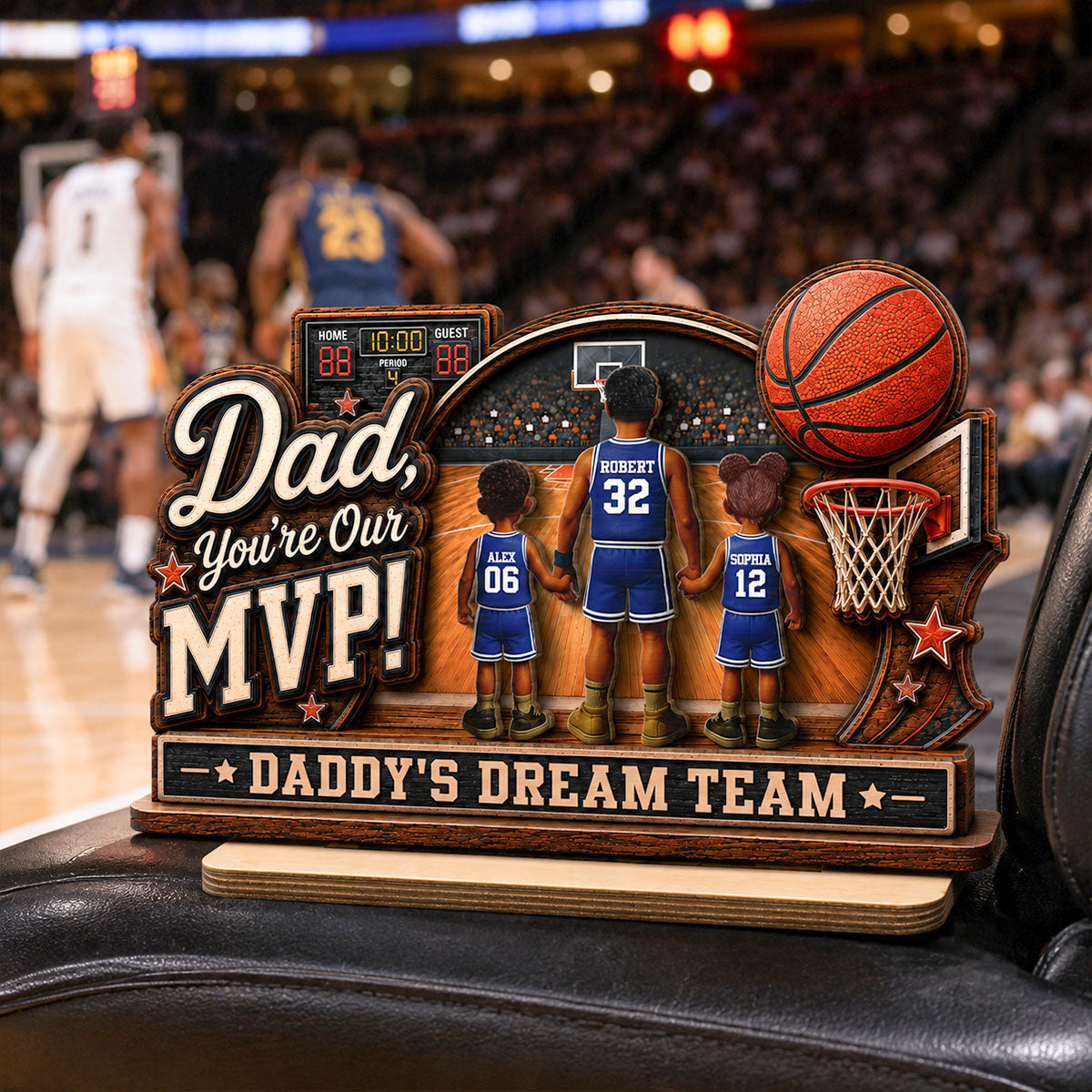 Dad You Are Our MVP Standing Basketball Man & Kids 2D Flat - Personalized 2-Layered Wooden Plaque - Father's Day Gift For Basketball Dad