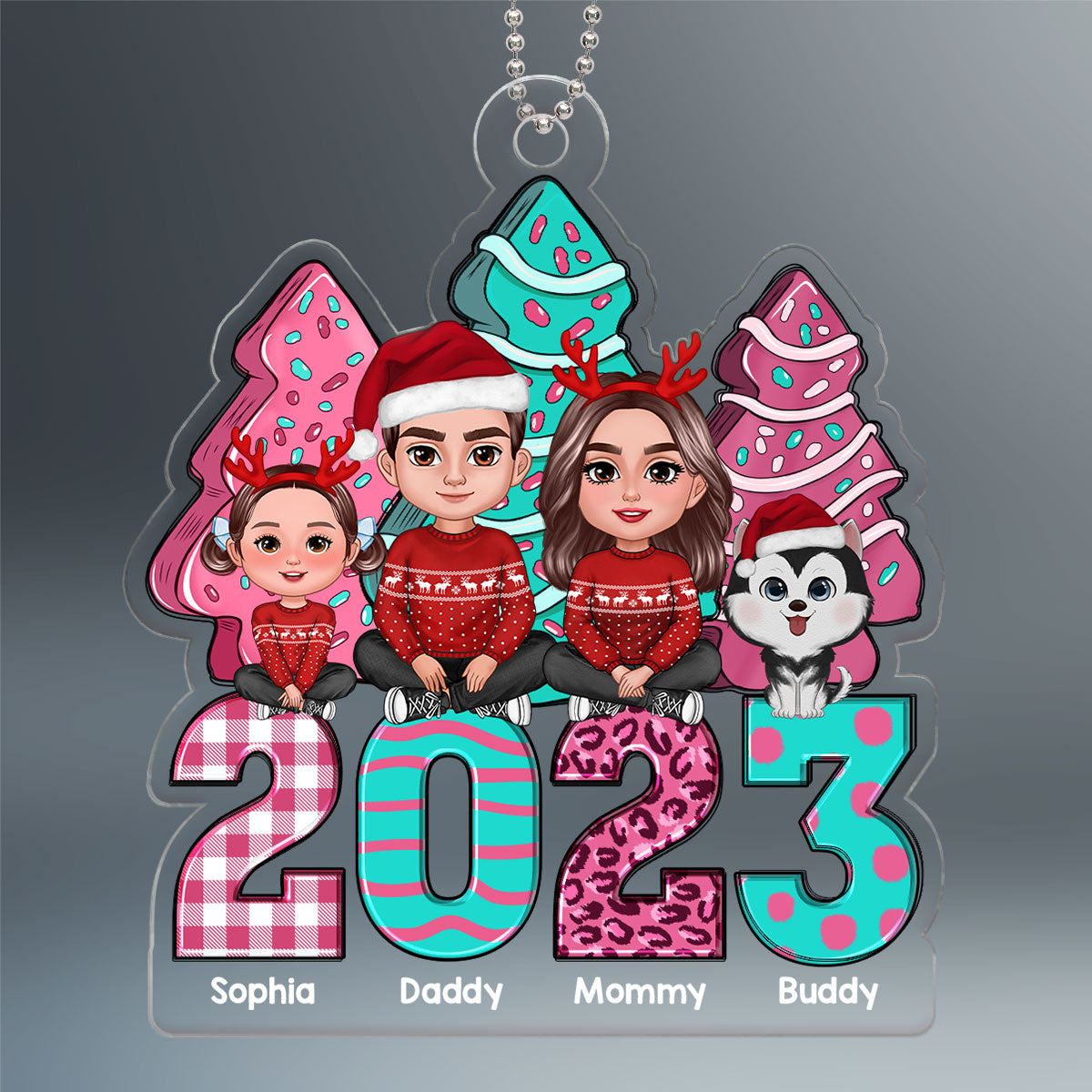 Pink And Teal Christmas Tree Cake Family Sitting Personalized Acrylic Ornament
