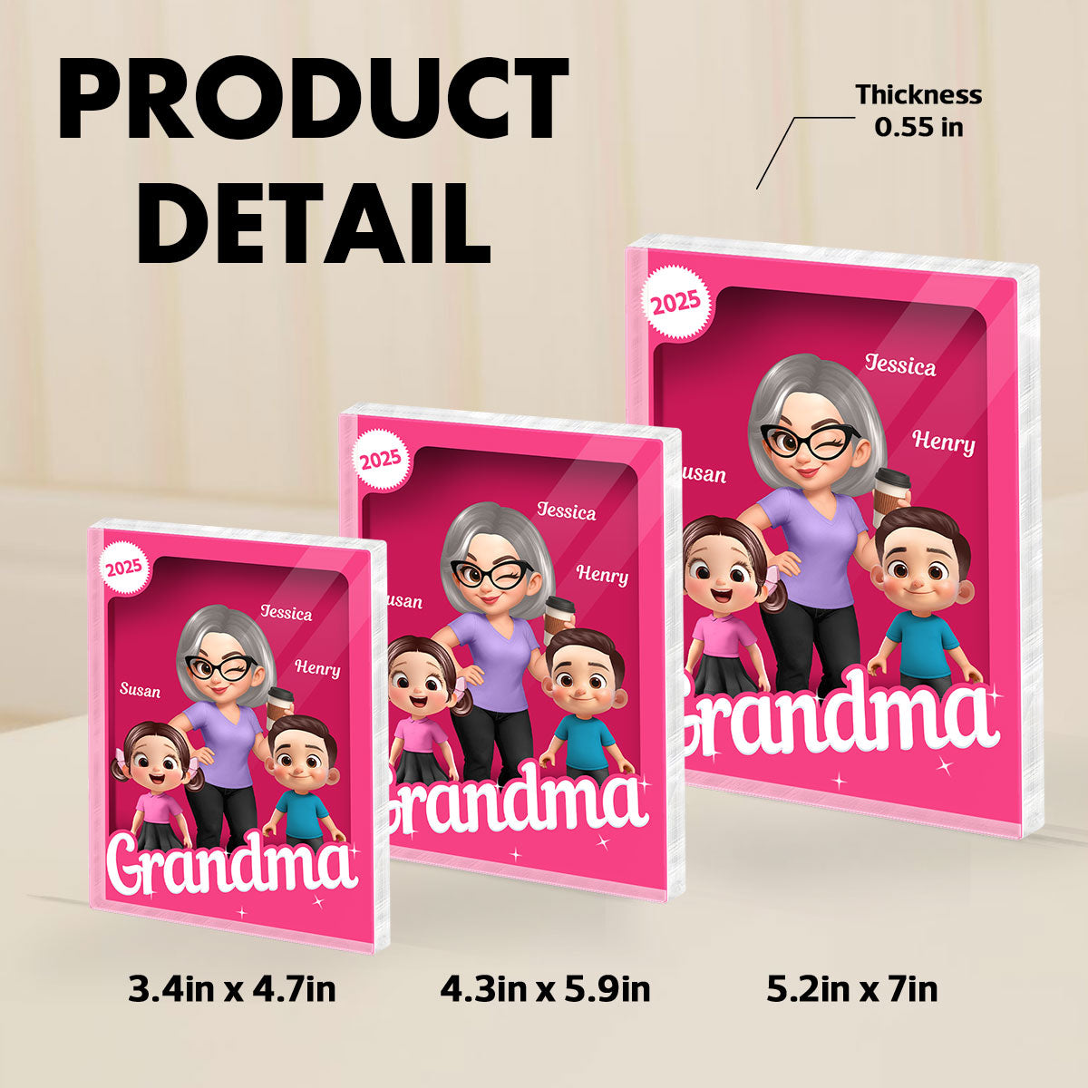 Grandma Grandkids 3D Effect Pink Action Figure Personalized Acrylic Block