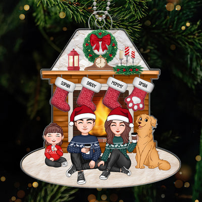 Christmas Fireplace Christmas Wreath Cute Whole Family Dad Mom Kids Dogs Cats Personalized Acrylic Ornament