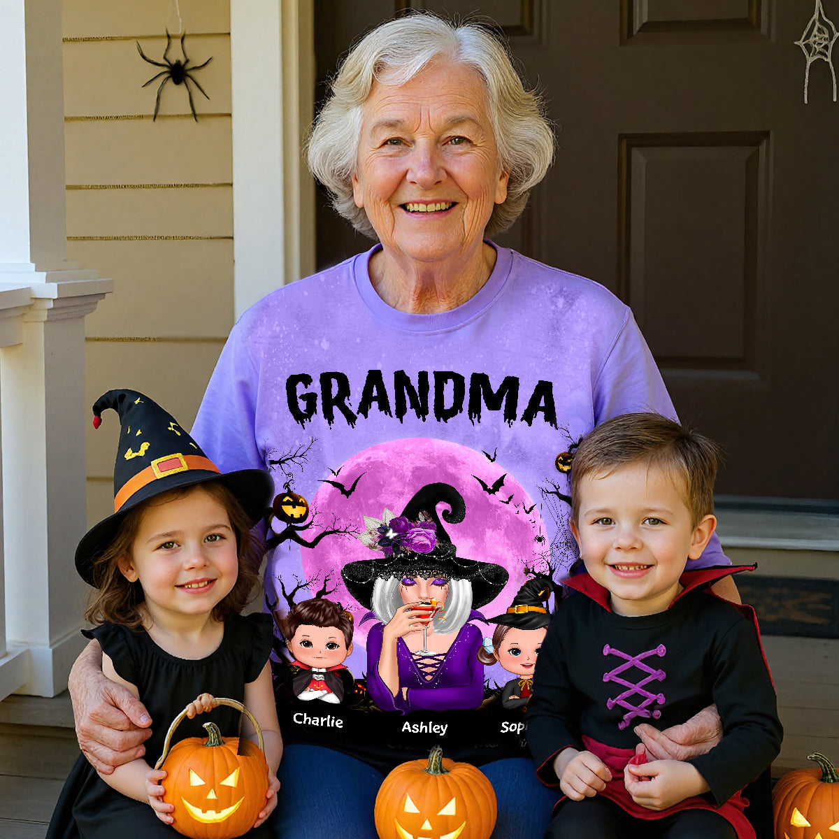 Grandma Witch & Kids Moon Bat Tree Personalized Shirt, Halloween Costume for Grandma
