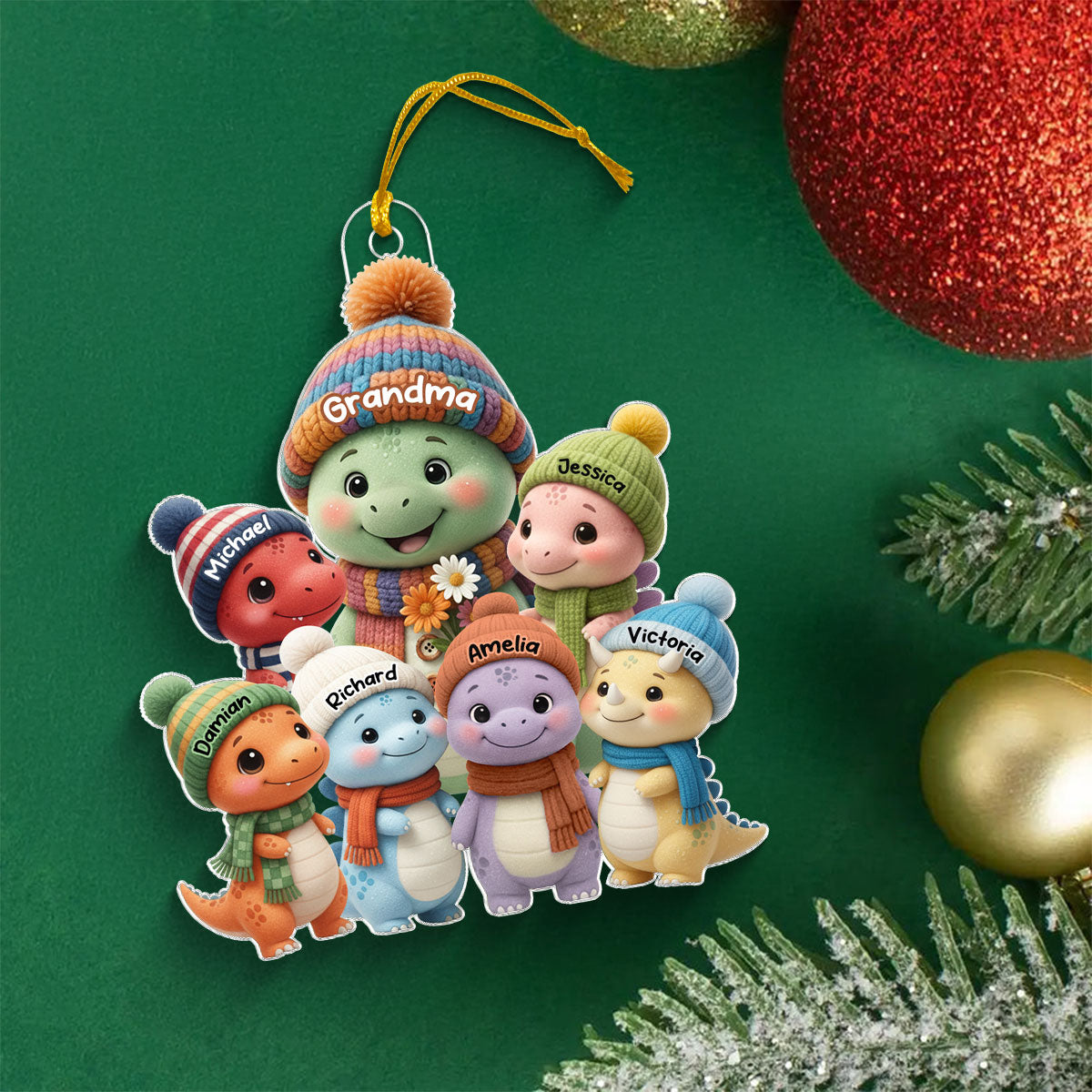 Cute Dinosaur Grandma & Grandkids - Personalized Acrylic Ornament - Christmas Gift for Grandma