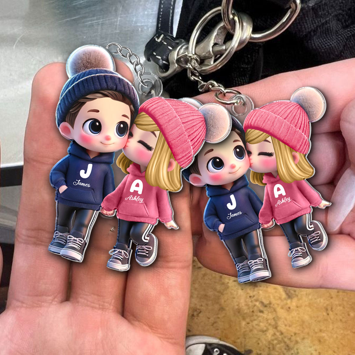 3D Effect Cute Cartoon Couple Walking - Personalized Acrylic Keychain - Unique Valentine's Day Gift For Him, Gift For Her