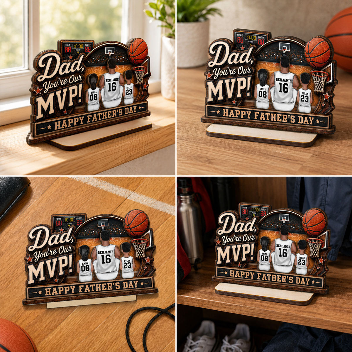 Dad You Are Our MVP Sitting Basketball Man & Kids 2D Flat - Personalized 2-Layered Wooden Plaque - Father's Day Gift For Basketball Dad