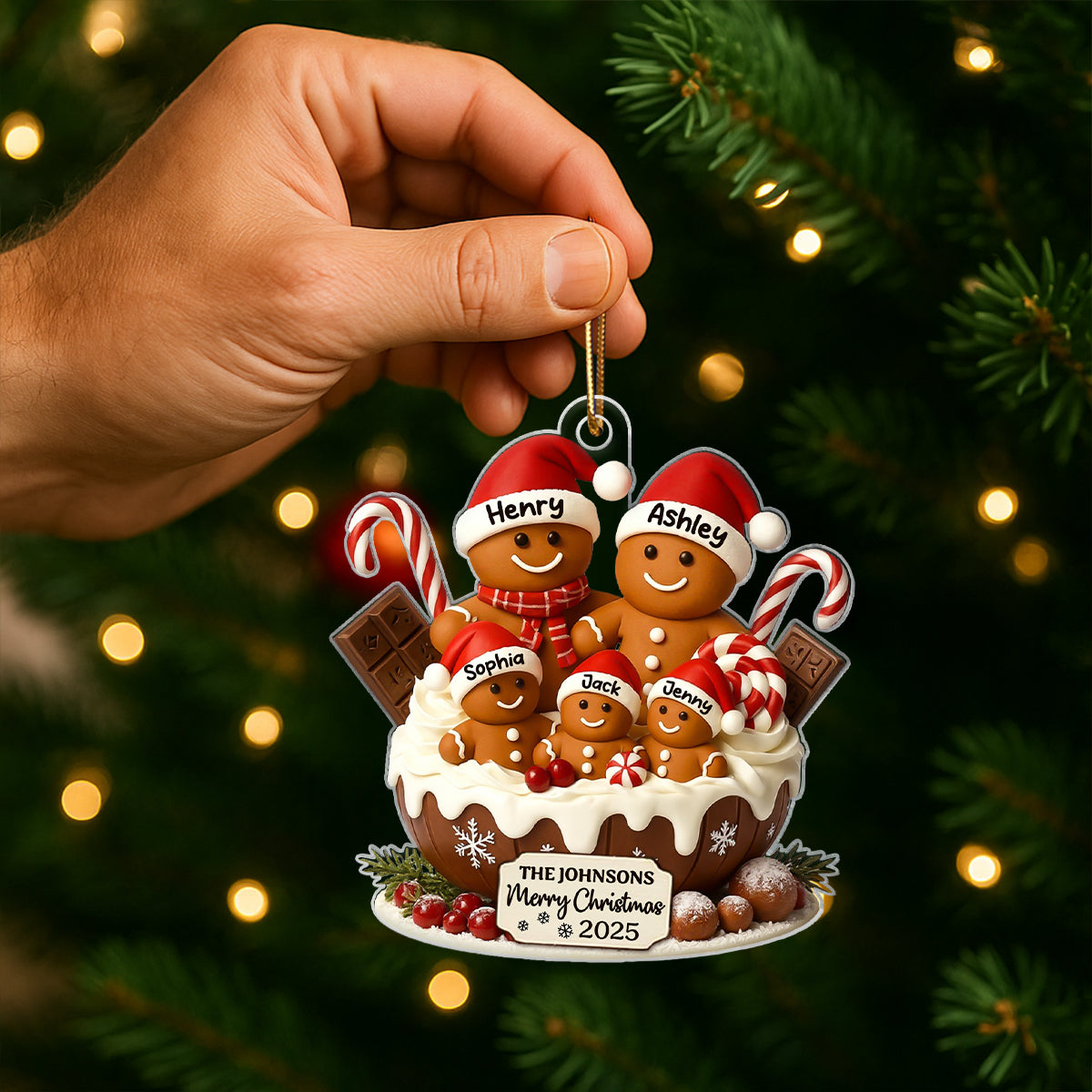 Gingerbread Family Holiday Delight Personalized Acrylic Ornament, Christmas Tree Decor, 2025 Family Ornament