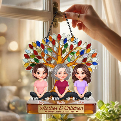 Mom And Son Daughter Under Colorful Tree Of Life - Personalized Suncatcher Ornament - Gift For Mom