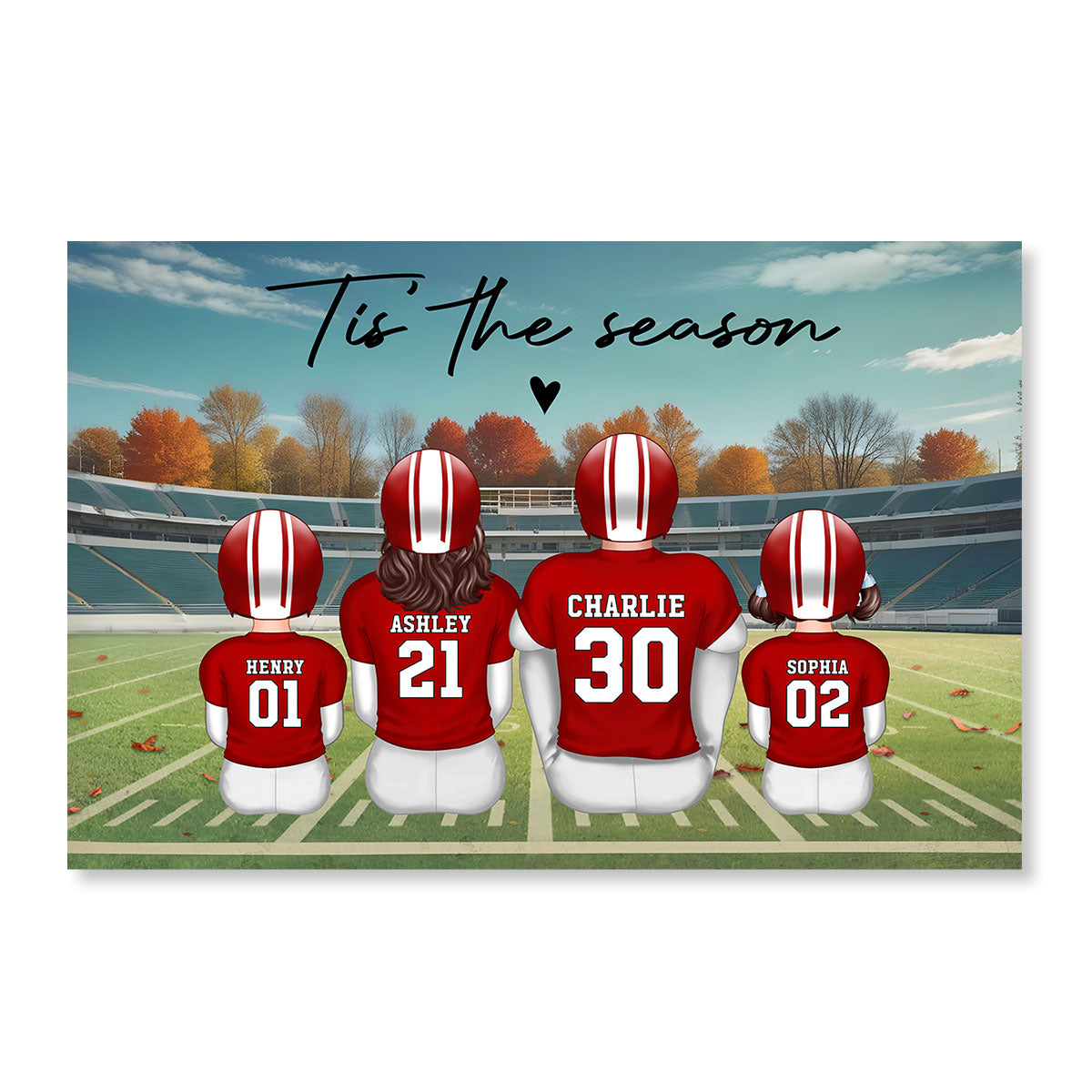 Fall Season Football Family Sitting Back View Personalized Poster, Meaningful Father's Day Gift for Dad, Gift for Husband