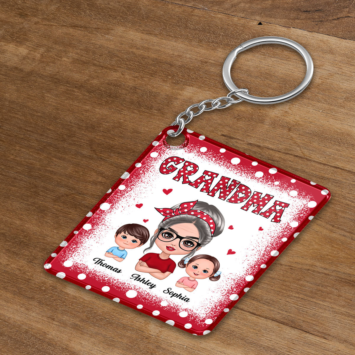 Red Polka Dot Grandma Grandkids Personalized Acrylic Keychain