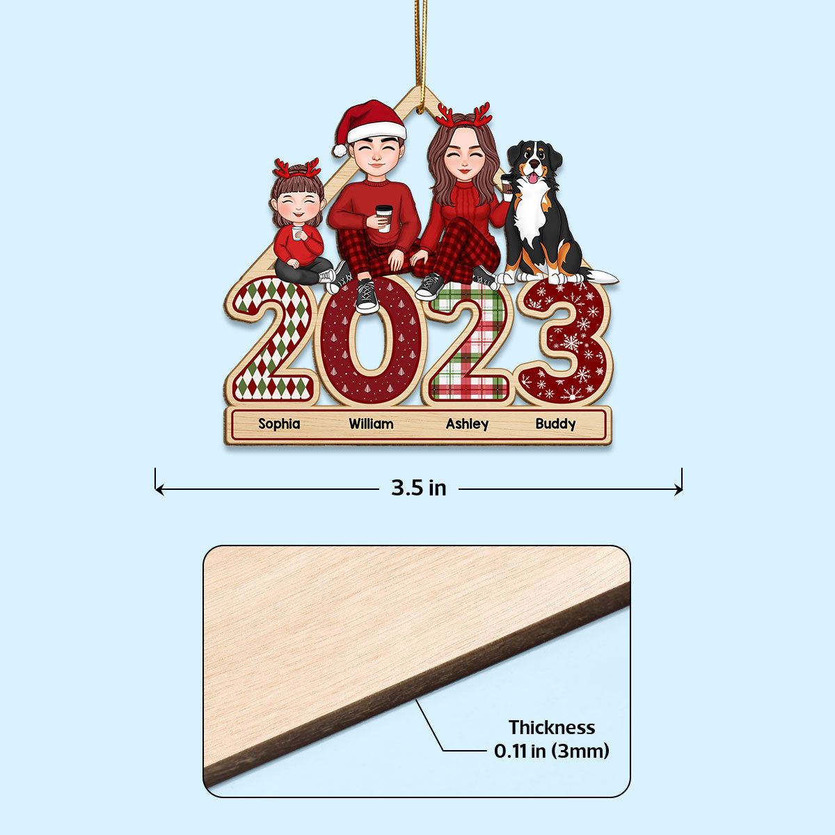 Cute Family Dad Mom Kids Dogs Cats Sitting On 2023 Patterned Personalized Wooden Ornament