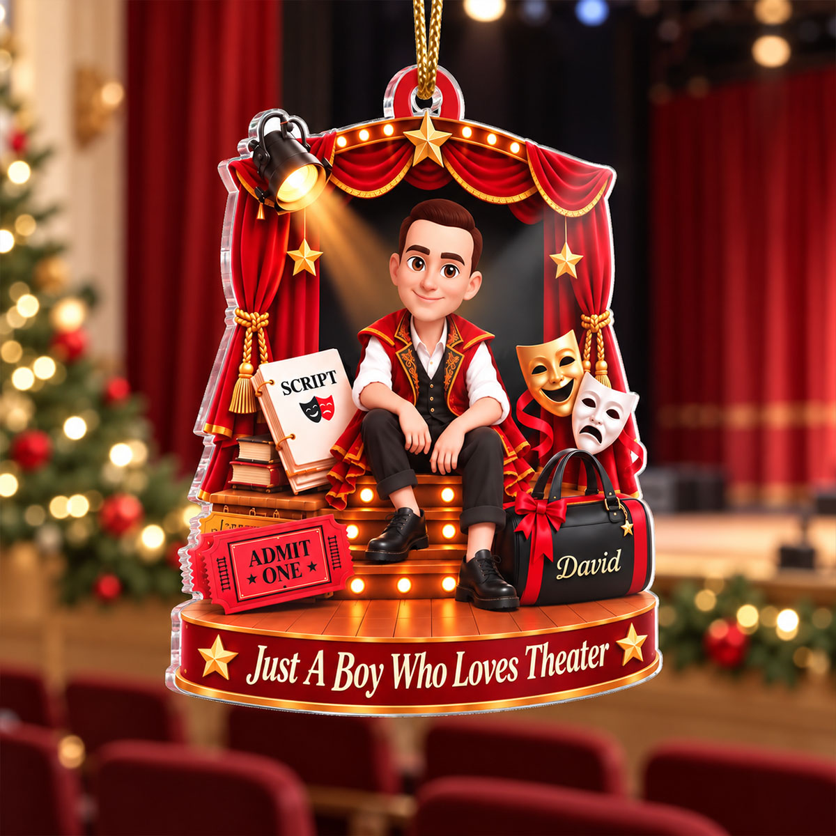 Just a Boy Who Loves Theater - Personalized Acrylic Ornament - Christmas Gift for Son, Grandson