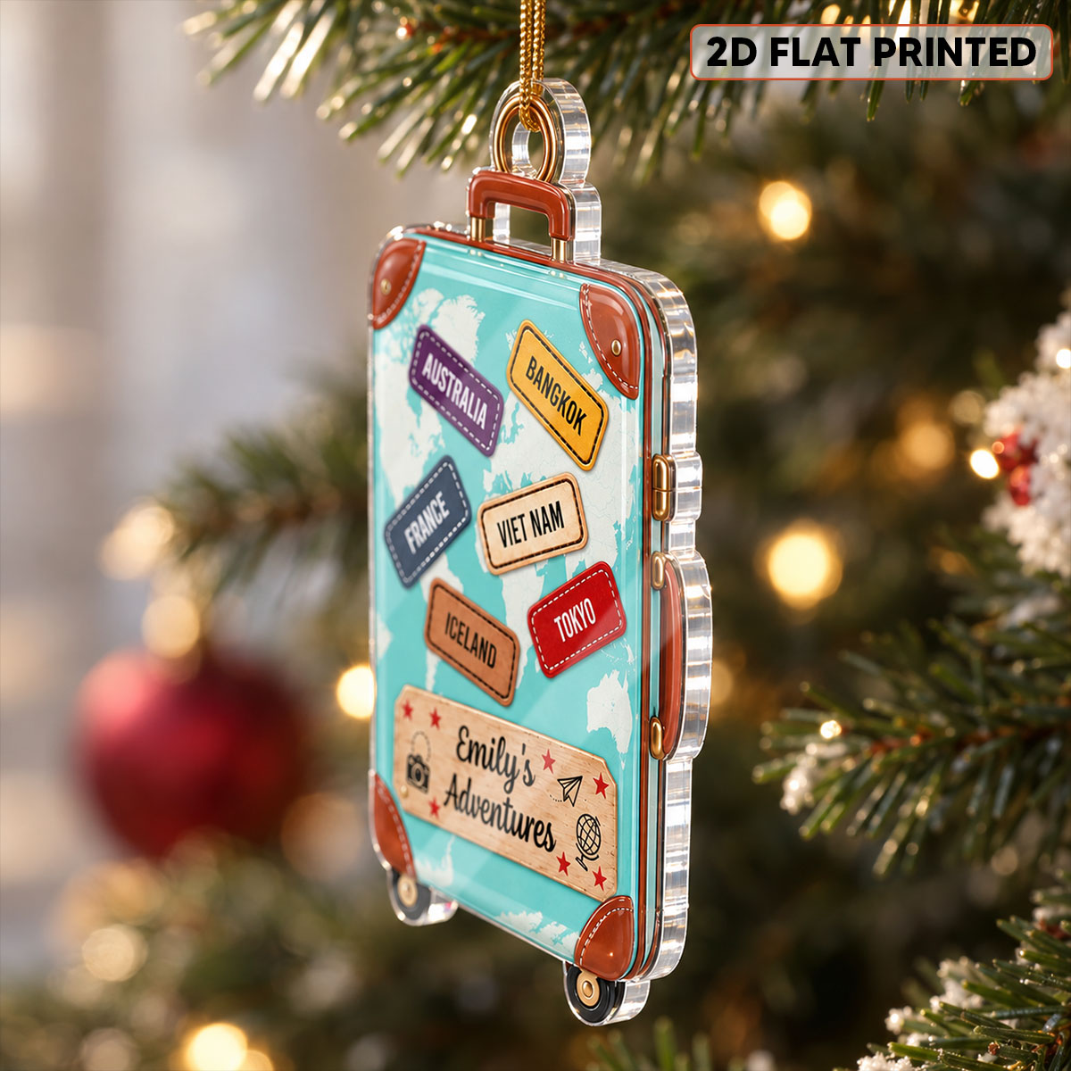 Suitcase Travel World Map 2D Flat Printed - Personalized Acrylic Ornament - Christmas Keepsake Ornament
