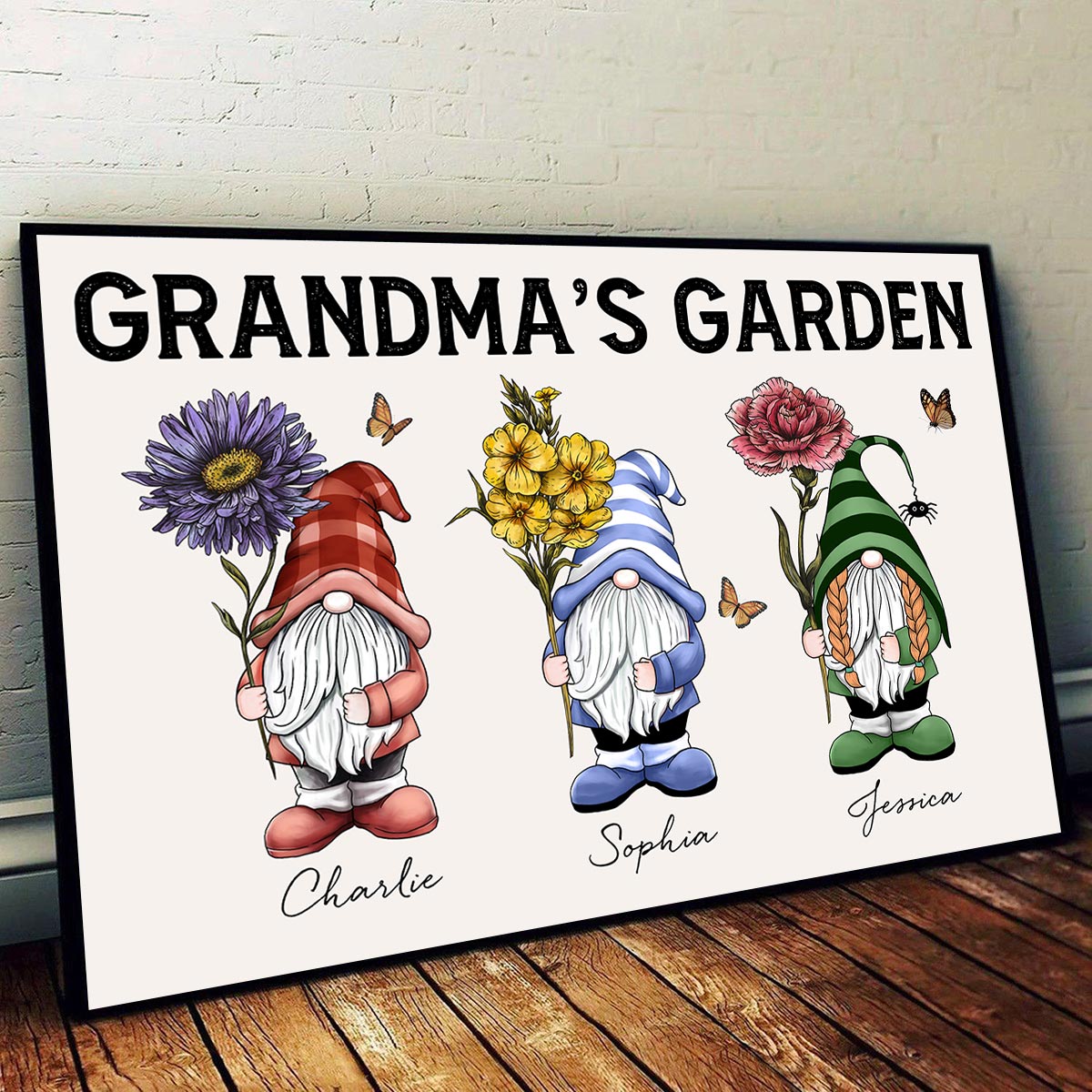 Gift For Grandma Grandma‘s Garden Gnomes With Beautiful Vintage Birth Flowers Personalized Poster