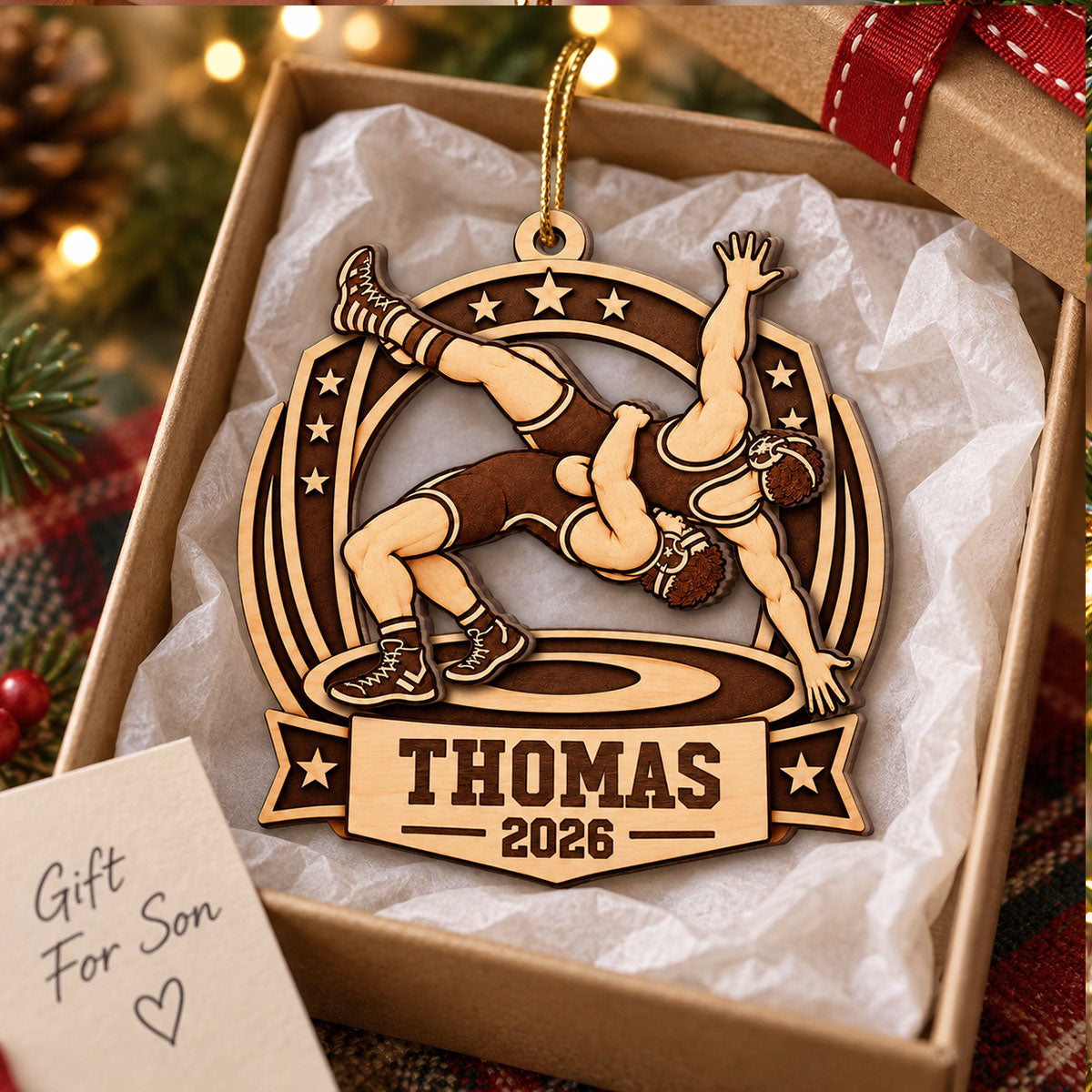 Wrestling Champion Custom Name - Personalized 2-Layered Wooden Ornament - Gift For Son, Wrestling Keepsake, Wrestling Lovers Gift