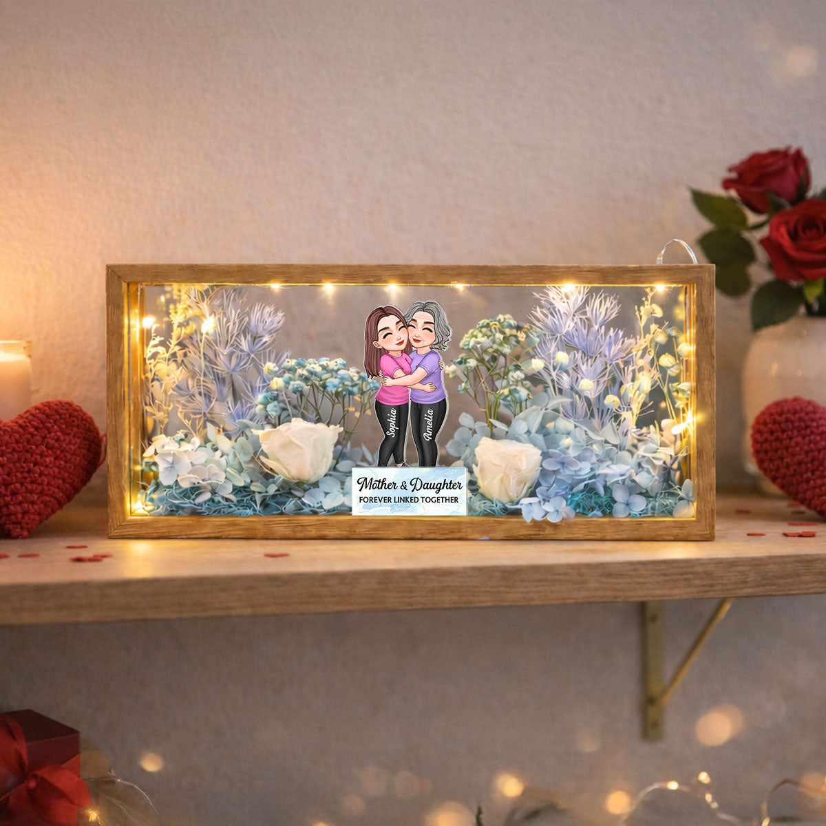 Mom & Daughter Forever Linked Together - Personalized DIY Flower Shadow Box LED Night Light - Gift For Mom, Daughter