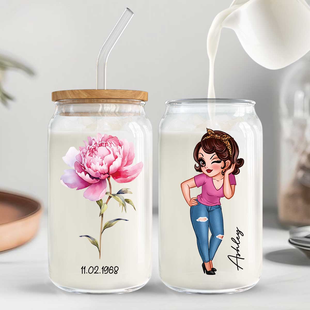 Beautiful Birth Month Flower Mother‘s Day Birthday Gift For Grandma Mom Women Personalized Clear Glass Can