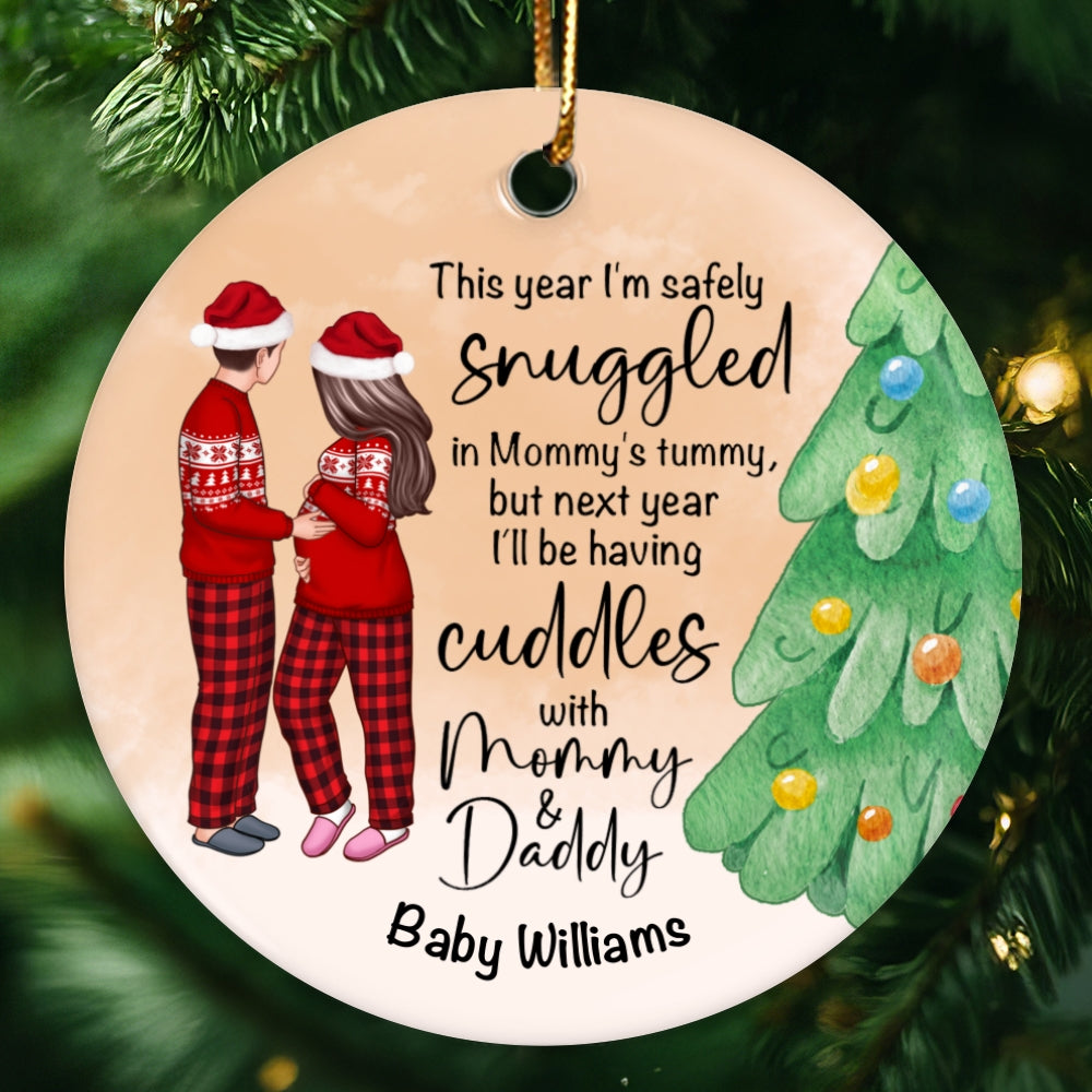 Bump Christmas, Pregnant Couple Ornament, Snuggled in Mommy's Tummy, Personalized Circle Ceramic Ornament
