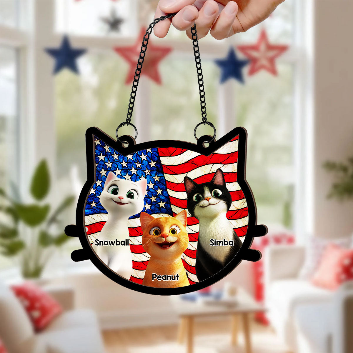 Cat Face Shape Nation Flag Personalized Suncatcher, 4th Of July Decoration