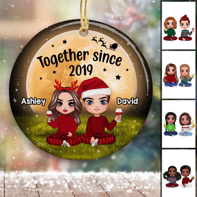 Doll Couple Sitting Under Yellow Moon Personalized Circle Ornament