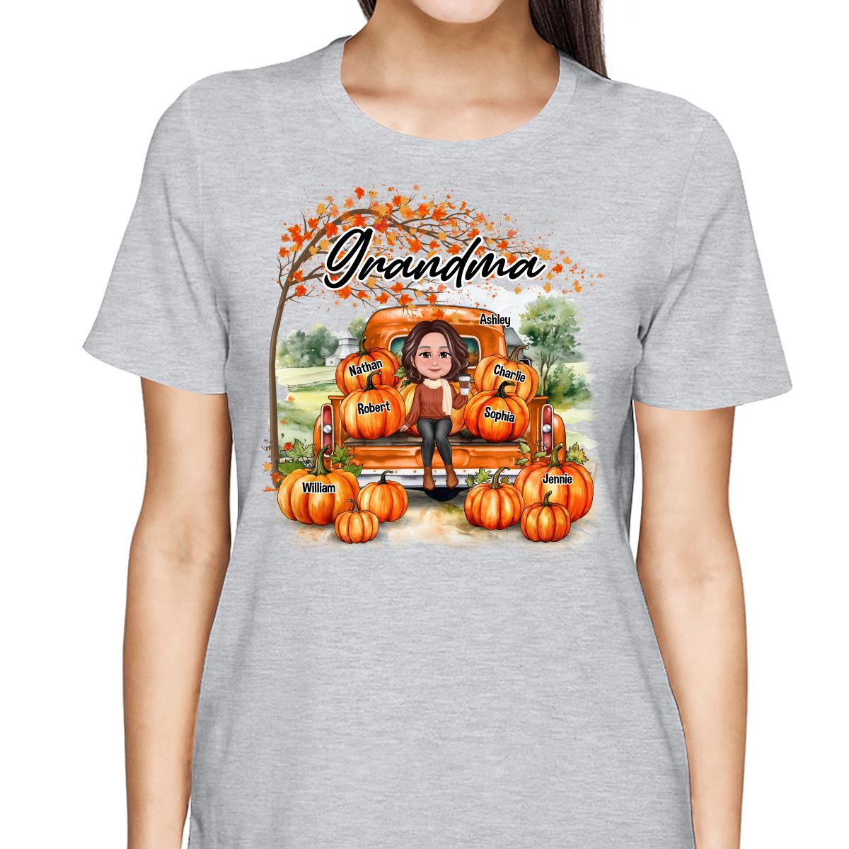 Fall Season Landscape Truck Pumpkins Under Tree Grandma Mom Personalized Shirt