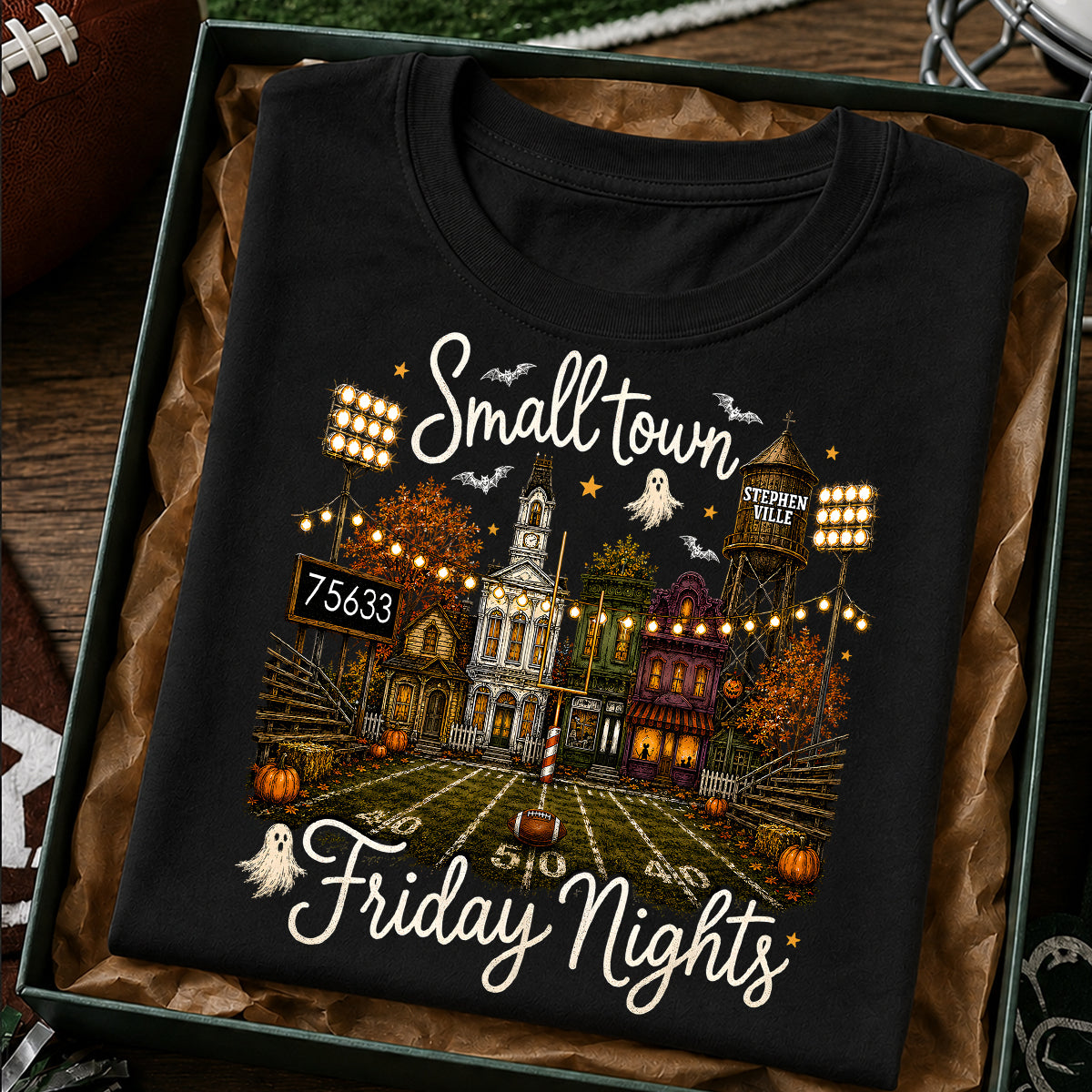 Fall Halloween Small Town Friday Nights - Personalized Shirt - Custom Town Name & Zip Code