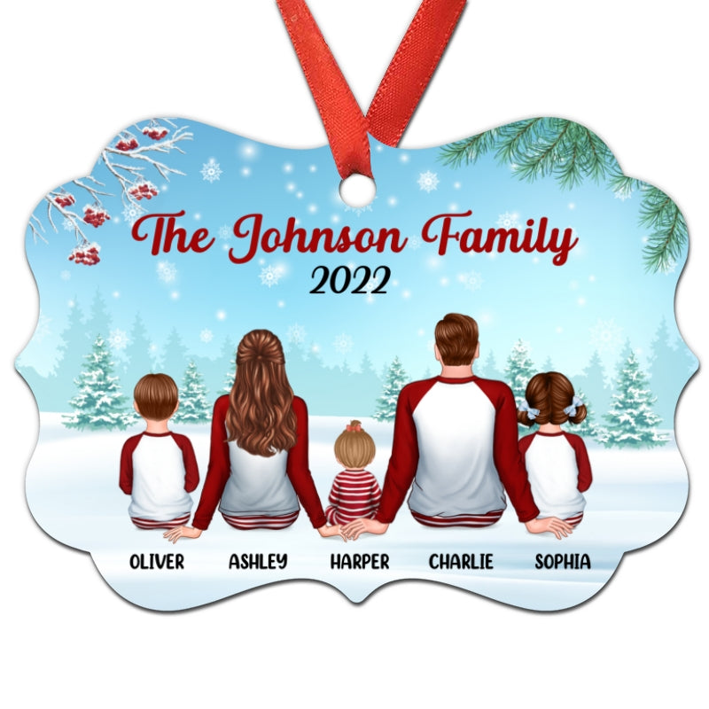 Family In Snow Back View Personalized Christmas Aluminium Ornament